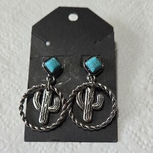 Turquoise Stone Cactus Hoop Earrings